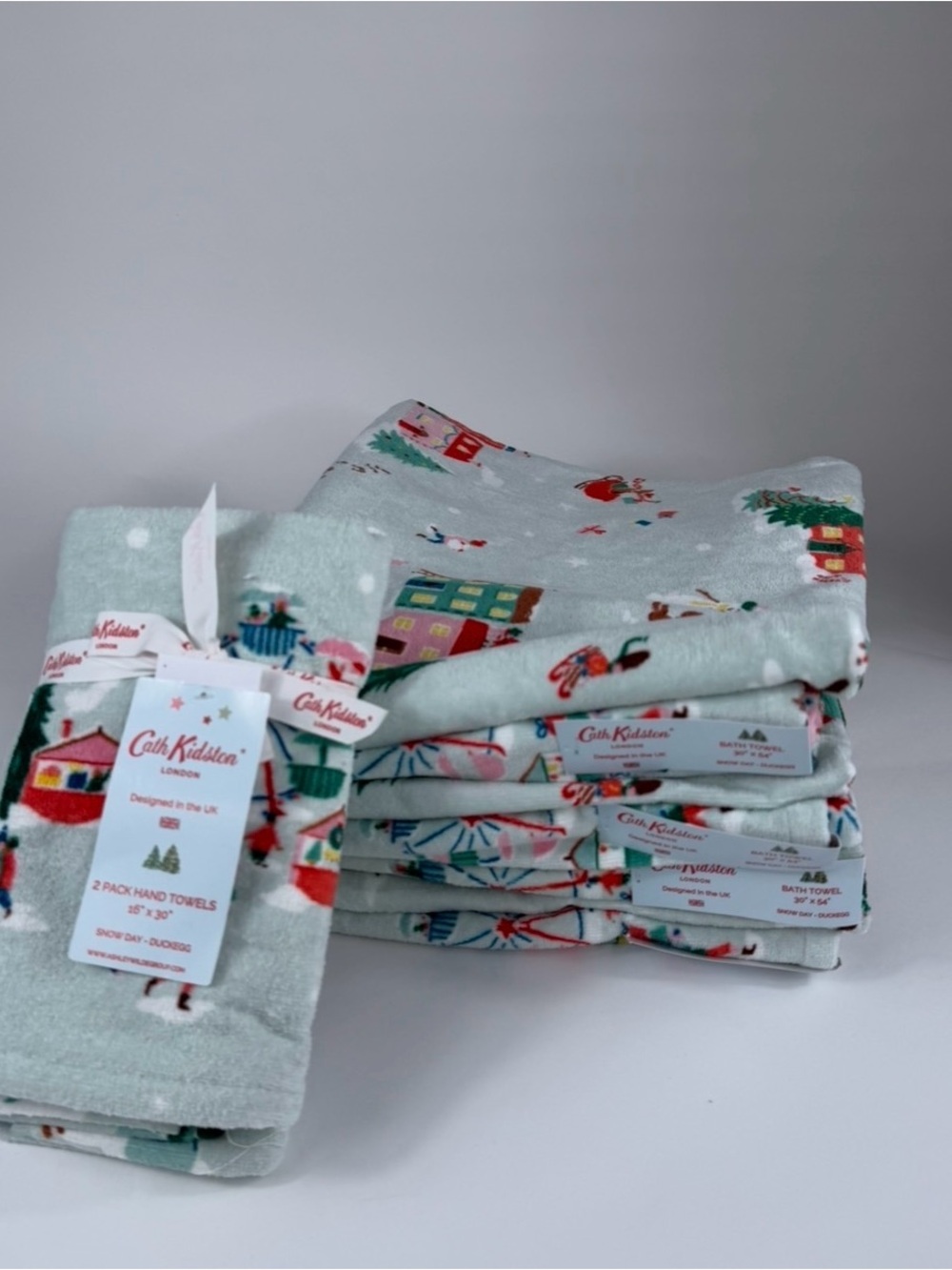 6 PC Cath Kidston Snowy Day Duckegg 4 Bath 2 Hand Towels Christmas Vintage Sceen